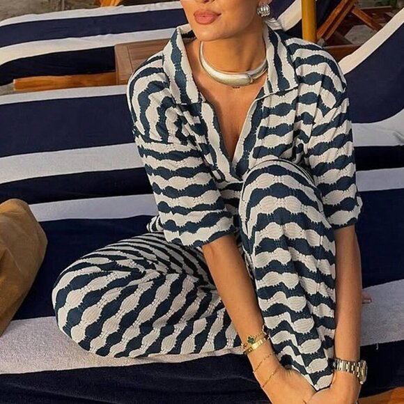 Blue Casual Women's Embellished Top & Pants Set - Picture 1 of 9